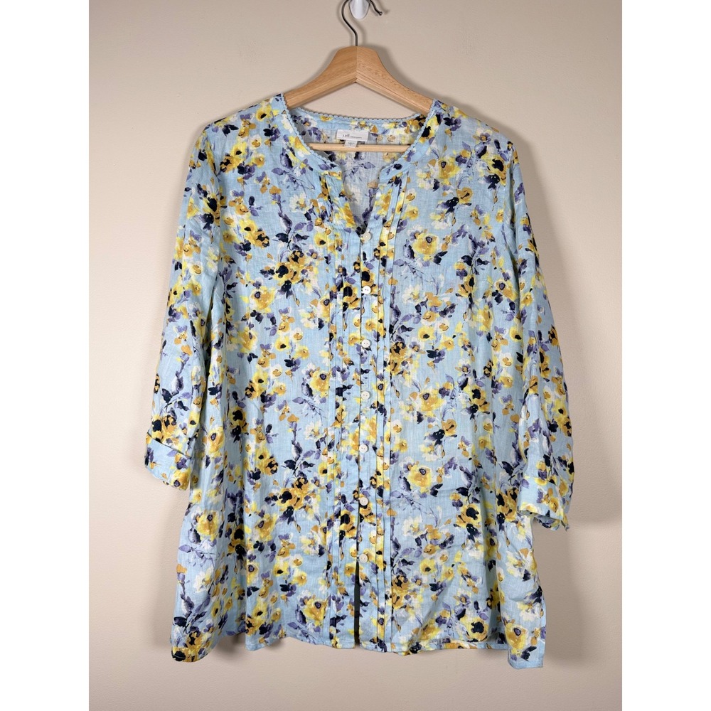 J.Jill Love Linen Floral Watercolor Tunic Top Blue Yellow 3/4 Sleeve‎ Small - Picture 2 of 8